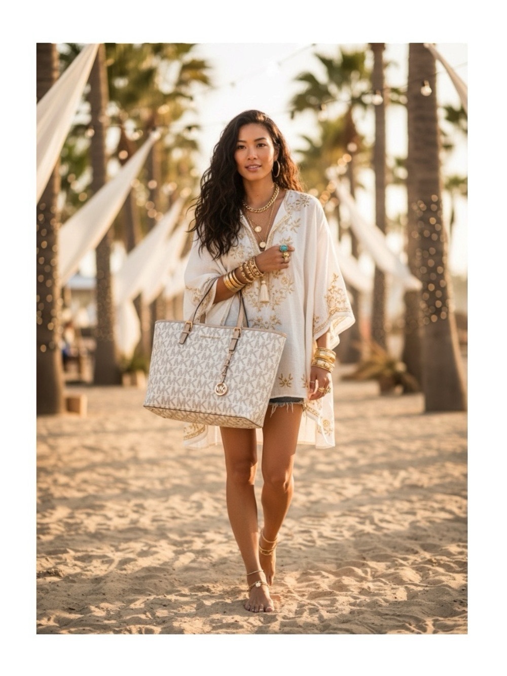 Michael Kors  Jet Set Med Logo Top Zip Tote Handbag  Vanilla Natural Leather 